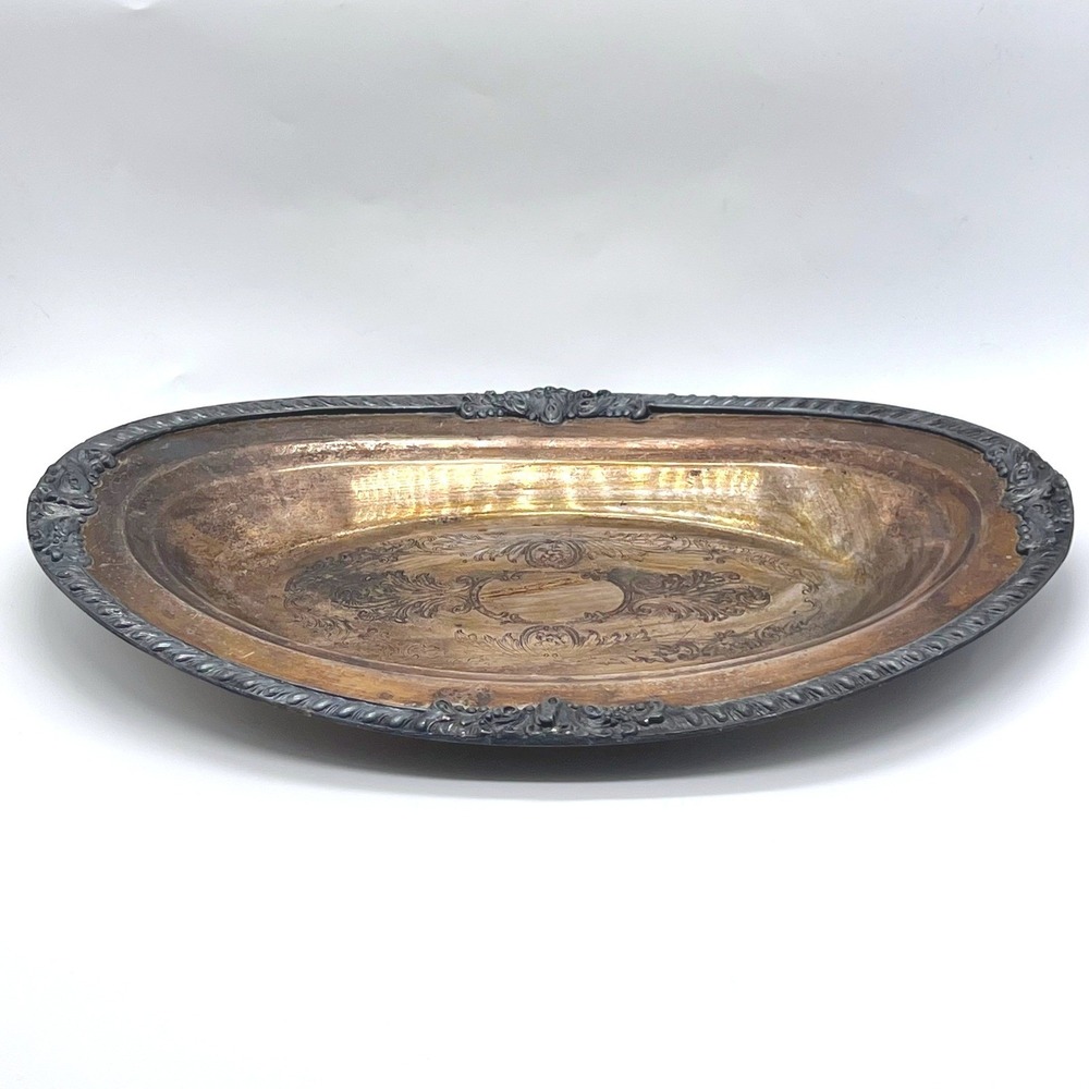 Antique Victorian Silverplate Oval Serving Bowl Tray Ornate Floral Scroll‎